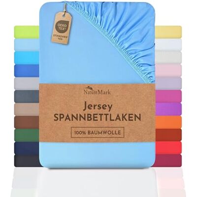 NatureMark Drap housse , drap housse en jersey 100% Conforme à la qualité Oeko-Tex Standard 100, Coton, bleu clair, 140 x 200-160 x 200 cm NatureMark Drap housse , drap housse en jersey 100% Conforme à la qualité Oeko-Tex Standard 100, Coton, bleu clair, 140 x 200-160 x 200 cm