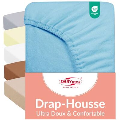 DARYmex Drap Housse Frotté 200 x 220 cm Extensible en Coton pour Matelas jusqu’à 20 cm Bleu DARYmex Drap Housse Frotté 200 x 220 cm Extensible en Coton pour Matelas jusqu’à 20 cm Bleu