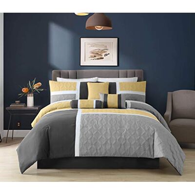 Chezmoi Collection Upland Parure de lit matelassée à 7 pièces en patchwork pour très grand lit californien, jaune/anthracite/gris Chezmoi Collection Upland Parure de lit matelassée à 7 pièces en patchwork pour très grand lit californien, jaune/anthracite/gris