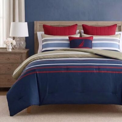 Nautica Parure de lit 2 pièces 100% coton, confortable et douce, durable et respirante, couette réversible à rayures, bleu marine/kaki, lit double Nautica Parure de lit 2 pièces 100% coton, confortable et douce, durable et respirante, couette réversible à rayures, bleu marine/kaki, lit double