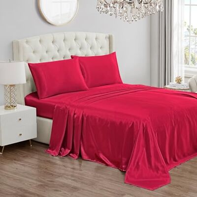Juicy Couture Parure de lit en satin de soie avec poche profonde avec 1 drap-housse, 1 drap plat et 2 taies d'oreiller, infroissable et anti-boulochage – Rose vif Juicy Couture Parure de lit en satin de soie avec poche profonde avec 1 drap-housse, 1 drap plat et 2 taies d'oreiller, infroissable et anti-boulochage – Rose vif