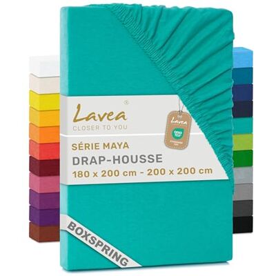 Lavea ® Drap-Housse 180x200cm 100% Coton Grand Bonnet 35 cm pour Matelas épais avec Élastique Tout Autour en Jersey pour Lit Boxspring Turquoise Lavea ® Drap-Housse 180x200cm 100% Coton Grand Bonnet 35 cm pour Matelas épais avec Élastique Tout Autour en Jersey pour Lit Boxspring Turquoise