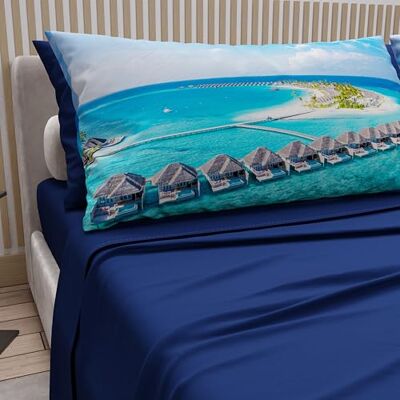 PETTI Artigiani Italiani Parure de lit double en coton avec taies d'oreiller en impression numérique, drap housse lit double fantaisie Maldives bleu électrique, 100% fabriqué en Italie PETTI Artigiani Italiani Parure de lit double en coton avec taies d'oreiller en impression numérique, drap housse lit double fantaisie Maldives bleu électrique, 100% fabriqué en Italie