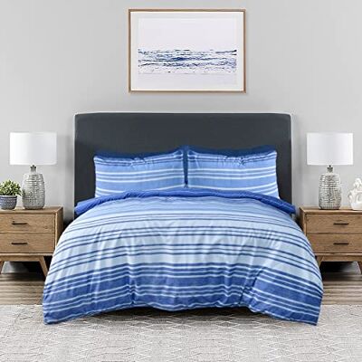 Sleepdown Parure de lit réversible avec housse de couette et taies d'oreiller Motif rayures Bleu marine et blanc 260 x 220 cm Sleepdown Parure de lit réversible avec housse de couette et taies d'oreiller Motif rayures Bleu marine et blanc 260 x 220 cm