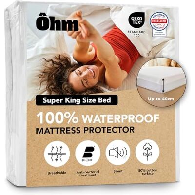 Ôhm Protège Matelas 180x200 cm Alèse Imperméable en Coton Forme Drap-Housse Absorbant et Anti-acariens Compatible Bonnet Jusqu'à 40 cm Silencieux et Hypoallergénique Certifié Oeko-TEX Ôhm Protège Matelas 180x200 cm Alèse Imperméable en Coton Forme Drap-Housse Absorbant et Anti-acariens Compatible Bonnet Jusqu'à 40 cm Silencieux et Hypoallergénique Certifié Oeko-TEX