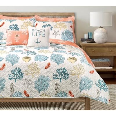 Lush Decor Parure de lit réversible 7 pièces avec motif plumes et coquillages Lit double Bleu et corail Lit double Lush Decor Parure de lit réversible 7 pièces avec motif plumes et coquillages Lit double Bleu et corail Lit double