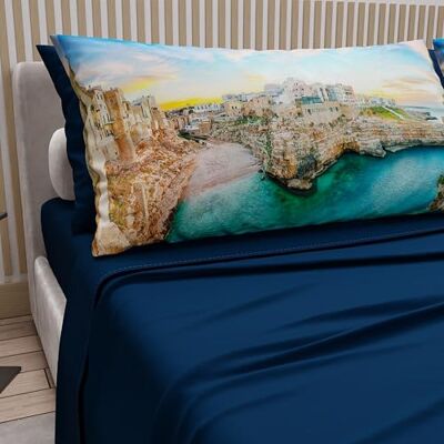 PETTI Artigiani Italiani Parure de lit en coton avec taies d'oreiller en impression numérique, drap simple, motif Polignano a Mer Bleu Nuit, 100% Made in Italy PETTI Artigiani Italiani Parure de lit en coton avec taies d'oreiller en impression numérique, drap simple, motif Polignano a Mer Bleu Nuit, 100% Made in Italy