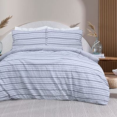 Sleepdown Parure de lit réversible avec housse de couette et taies d'oreiller en seersucker à rayures Douce et facile d'entretien Gris 200 x 200 cm Sleepdown Parure de lit réversible avec housse de couette et taies d'oreiller en seersucker à rayures Douce et facile d'entretien Gris 200 x 200 cm