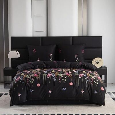 Cotton Market Parure de lit 3 pièces en coton Housse de couette de 135 x 220 cm et 1 taie d'oreiller de 70 x 80 cm Prairie florale (noir) Cotton Market Parure de lit 3 pièces en coton Housse de couette de 135 x 220 cm et 1 taie d'oreiller de 70 x 80 cm Prairie florale (noir)