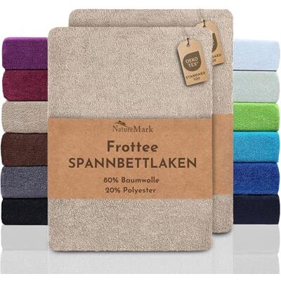 NatureMark Lot de 2 draps-housses en tissu éponge, doux et respirant, doux pour la peau, pratique et facile d'entretien, durable, 80 % coton et 20 % polyester, 90 x 190 cm 100 x 200 cm, sable/beige NatureMark Lot de 2 draps-housses en tissu éponge, doux et respirant, doux pour la peau, pratique et facile d'entretien, durable, 80 % coton et 20 % polyester, 90 x 190 cm 100 x 200 cm, sable/beige
