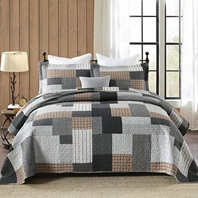 PERHOM Couvre-lit 3 pièces pour très grand lit 100% coton léger Motif écossais gris marron noir blanc patchwork doux réversible pour toutes les saisons PERHOM Couvre-lit 3 pièces pour très grand lit 100% coton léger Motif écossais gris marron noir blanc patchwork doux réversible pour toutes les saisons