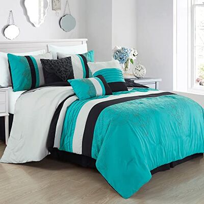 Chezmoi Collection Chloe Parure de lit 7 pièces brodée à motif géométrique et rayures plissées, bleu sarcelle, gris, noir, grand lit Chezmoi Collection Chloe Parure de lit 7 pièces brodée à motif géométrique et rayures plissées, bleu sarcelle, gris, noir, grand lit