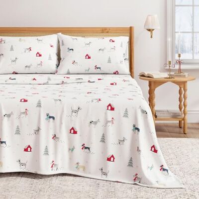 Great Bay Home Parure de lit en flanelle 100% coton turc, poches profondes, draps de Noël doux, chauds et anti-boulochage (chiots dans la neige) Great Bay Home Parure de lit en flanelle 100% coton turc, poches profondes, draps de Noël doux, chauds et anti-boulochage (chiots dans la neige)