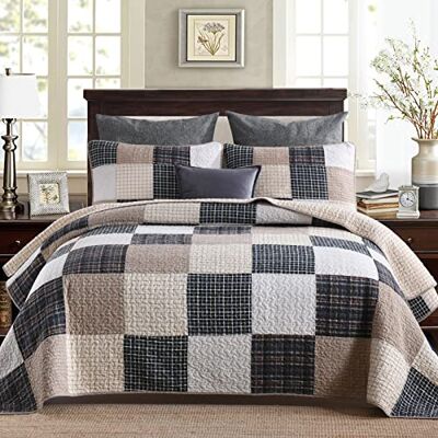 PERHOM Parure de lit 3 pièces avec courtepointe 100% coton pour très grand lit, en patchwork véritable, couvre-lit léger pour toutes les saisons, très grand lit PERHOM Parure de lit 3 pièces avec courtepointe 100% coton pour très grand lit, en patchwork véritable, couvre-lit léger pour toutes les saisons, très grand lit