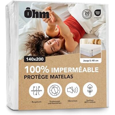 Ôhm Protège-matelas imperméable 140 x 200 cm Coton hypoallergénique et absorbant Style drap-housse Sans bruit Anti-acariens Convient jusqu'à 40 cm de profondeur Certifié OEKO-TEX Ôhm Protège-matelas imperméable 140 x 200 cm Coton hypoallergénique et absorbant Style drap-housse Sans bruit Anti-acariens Convient jusqu'à 40 cm de profondeur Certifié OEKO-TEX