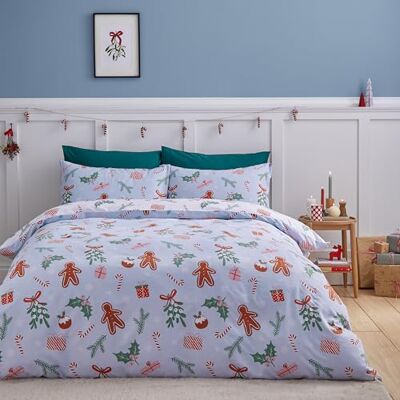 Catherine Lansfield Parure de lit réversible en microfibre douce avec housse de couette et taies d'oreiller Motif pain d'épice Bleu King Catherine Lansfield Parure de lit réversible en microfibre douce avec housse de couette et taies d'oreiller Motif pain d'épice Bleu King