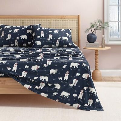 Great Bay Home Parure de lit en flanelle 100% coton turc, poches profondes, draps doux et chauds, anti-boulochage, pour lit double, bleu marine Great Bay Home Parure de lit en flanelle 100% coton turc, poches profondes, draps doux et chauds, anti-boulochage, pour lit double, bleu marine