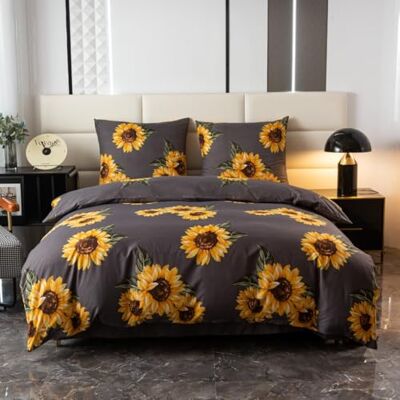 Cotton Market Parure de lit 3 pièces en coton Housse de couette 200 x 200 cm et 2 taies d'oreiller 70 x 80 cm Tournesols (gris) Cotton Market Parure de lit 3 pièces en coton Housse de couette 200 x 200 cm et 2 taies d'oreiller 70 x 80 cm Tournesols (gris)