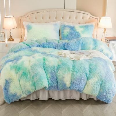 EMME Parure de lit en flanelle, avec housse de couette 220 x 240 cm et 2 taies d'oreiller de 80 x 80 cm, pour lit à poils longs et peluche douce, bleu-vert tie-dye EMME Parure de lit en flanelle, avec housse de couette 220 x 240 cm et 2 taies d'oreiller de 80 x 80 cm, pour lit à poils longs et peluche douce, bleu-vert tie-dye