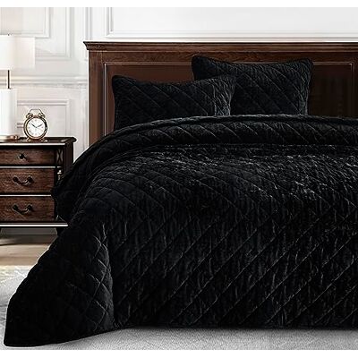 Chezmoi Collection Parure de lit de luxe 3 pièces King-size en velours noir vieilli et pelucheux, pour toutes les saisons, couette légère avec revers en microfibre brossée et matelassage au point de Chezmoi Collection Parure de lit de luxe 3 pièces King-size en velours noir vieilli et pelucheux, pour toutes les saisons, couette légère avec revers en microfibre brossée et matelassage au point de