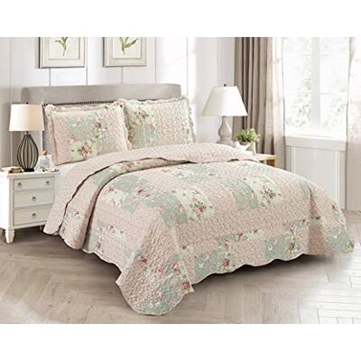 Brilliant Sunshine Parure de lit 3 pièces en patchwork traditionnel rose et sauge, avec cadres de boutons de rose, 2 taies d'oreiller, couvre-lit réversible, couvre-lit léger, toutes saisons, lit Brilliant Sunshine Parure de lit 3 pièces en patchwork traditionnel rose et sauge, avec cadres de boutons de rose, 2 taies d'oreiller, couvre-lit réversible, couvre-lit léger, toutes saisons, lit