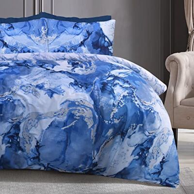 Sleepdown Parure de lit réversible avec housse de couette et taies d'oreiller Motif marbre métallique scintillant Bleu/argenté King size 230 x 220 cm Sleepdown Parure de lit réversible avec housse de couette et taies d'oreiller Motif marbre métallique scintillant Bleu/argenté King size 230 x 220 cm