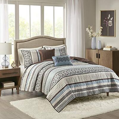 Madison Park Parure de lit 5 pièces avec couvre-lit, taies d’oreiller et coussin, motif jacquard, rayures, pour lit King Size/King Size California (264 x 238 cm), bleu floral, toutes saisons Madison Park Parure de lit 5 pièces avec couvre-lit, taies d’oreiller et coussin, motif jacquard, rayures, pour lit King Size/King Size California (264 x 238 cm), bleu floral, toutes saisons