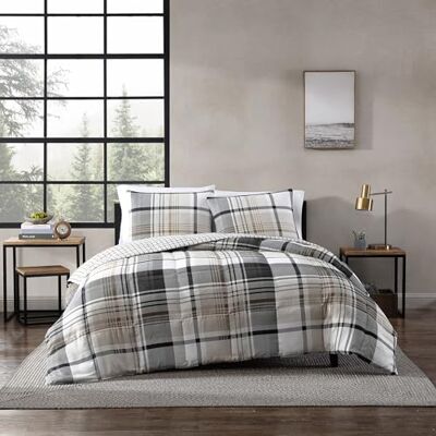 Eddie Bauer Parure de lit douce et confortable, couette réversible, polyester, carreaux gris, très grand lit Eddie Bauer Parure de lit douce et confortable, couette réversible, polyester, carreaux gris, très grand lit