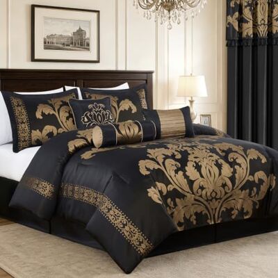 Chezmoi Collection Parure de lit 7 pièces jacquard floral dans un sac, grand lit, noir doré, polyester Chezmoi Collection Parure de lit 7 pièces jacquard floral dans un sac, grand lit, noir doré, polyester