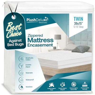 PlushDeluxe Protège-matelas imperméable en tissu éponge de coton hypoallergénique avec fermeture éclair, protection sur 6 côtés, anti-punaises, pour lit jumeau, bonnet de 30,5 à 38 cm PlushDeluxe Protège-matelas imperméable en tissu éponge de coton hypoallergénique avec fermeture éclair, protection sur 6 côtés, anti-punaises, pour lit jumeau, bonnet de 30,5 à 38 cm