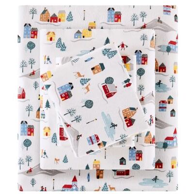 SLEEP PHILOSOPHY True North – Parure de lit 4 pièces en flanelle 100% coton pour très grand lit, brossée pour plus de douceur, imprimé fantaisie, chaud, imprimé village blanc SLEEP PHILOSOPHY True North – Parure de lit 4 pièces en flanelle 100% coton pour très grand lit, brossée pour plus de douceur, imprimé fantaisie, chaud, imprimé village blanc