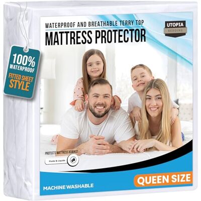 Utopia Bedding Protège-matelas imperméable en tissu éponge de qualité supérieure pour grand lit 152 x 203 cm, convient aux matelas jusqu'à 43 cm de profondeur Utopia Bedding Protège-matelas imperméable en tissu éponge de qualité supérieure pour grand lit 152 x 203 cm, convient aux matelas jusqu'à 43 cm de profondeur