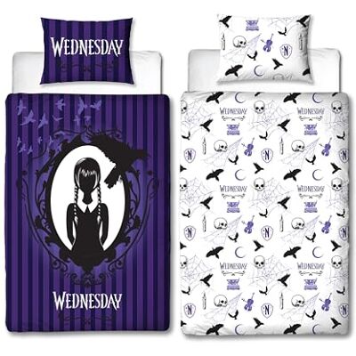 Character World Mercredi Parure de lit simple officielle avec housse de couette réversible double face avec taie d'oreiller assortie Polycoton violet Character World Mercredi Parure de lit simple officielle avec housse de couette réversible double face avec taie d'oreiller assortie Polycoton violet