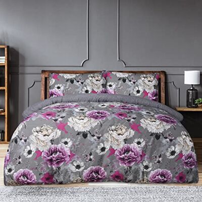 Sleepdown Parure de lit réversible avec housse de couette et taies d'oreiller Motif floral encre Facile d'entretien Gris King size (220 x 230 cm) Sleepdown Parure de lit réversible avec housse de couette et taies d'oreiller Motif floral encre Facile d'entretien Gris King size (220 x 230 cm)