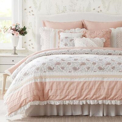 Madison Park Parure de lit alternative en duvet toutes saisons, taies assorties, jupe de lit, oreillers décoratifs, coton, rose pâle, 9 pièces, très grand lit Madison Park Parure de lit alternative en duvet toutes saisons, taies assorties, jupe de lit, oreillers décoratifs, coton, rose pâle, 9 pièces, très grand lit