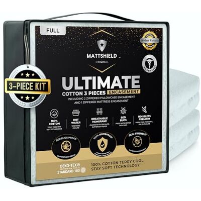 MATTSHIELD ORIGINAL MATTSHIELD Kit de protection ultime 3 pièces – Lit double – Housse de matelas + 2 taies d'oreiller – Coton doux 100% imperméable, anti-punaises de lit, hypoallergénique – Housse zippée à six côtés de MATTSHIELD ORIGINAL MATTSHIELD Kit de protection ultime 3 pièces – Lit double – Housse de matelas + 2 taies d'oreiller – Coton doux 100% imperméable, anti-punaises de lit, hypoallergénique – Housse zippée à six côtés de