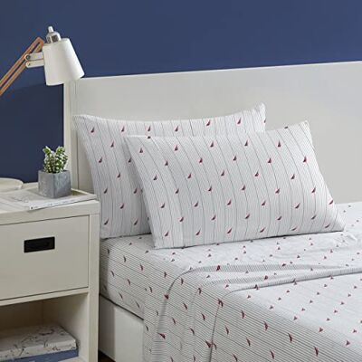 Nautica Draps de lit pour lit simple, parure de lit en percale de coton avec taie d'oreiller assortie, gracieuse et fraîche, entièrement élastique, essentiels pour dortoir (Audley rayé rouge Nautica Draps de lit pour lit simple, parure de lit en percale de coton avec taie d'oreiller assortie, gracieuse et fraîche, entièrement élastique, essentiels pour dortoir (Audley rayé rouge