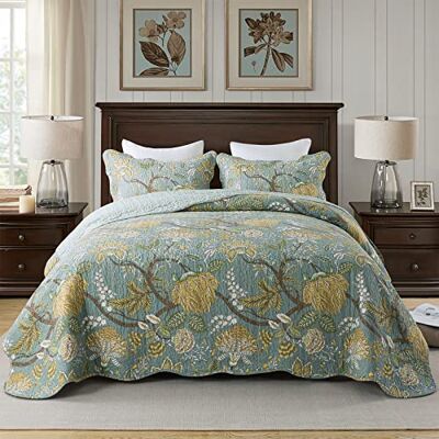Travan Parure de lit matelassée 3 pièces en coton à imprimé floral avec taies d'oreiller pour toutes les saisons, vert vigne, grand lit Travan Parure de lit matelassée 3 pièces en coton à imprimé floral avec taies d'oreiller pour toutes les saisons, vert vigne, grand lit