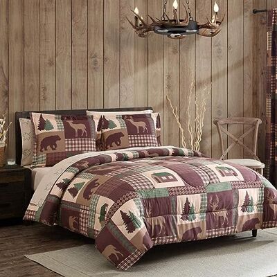 Beatrice Home Fashions Parure de lit 7 pièces rustiques à poches profondes pour grand lit avec draps à poches profondes, motif ours et cerf Marron et vert Beatrice Home Fashions Parure de lit 7 pièces rustiques à poches profondes pour grand lit avec draps à poches profondes, motif ours et cerf Marron et vert