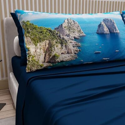 PETTI Artigiani Italiani Parure de lit double en coton avec taies d'oreiller en impression numérique, drap housse de lit double fantaisie Capri bleu nuit 100% fabriqué en Italie PETTI Artigiani Italiani Parure de lit double en coton avec taies d'oreiller en impression numérique, drap housse de lit double fantaisie Capri bleu nuit 100% fabriqué en Italie