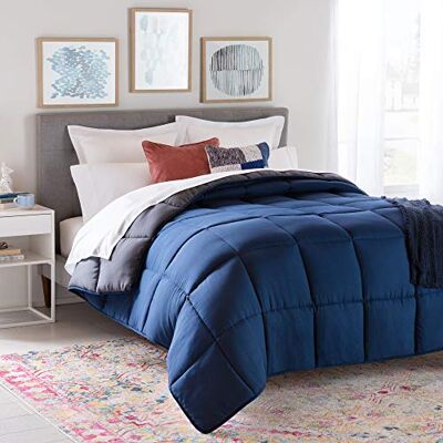 Linenspa Couette synthétique en duvet blanc et insert de couette, toutes saisons, cousue en carré, literie pour enfants, adolescents et adulte, bleu marine/graphite, grand lit Linenspa Couette synthétique en duvet blanc et insert de couette, toutes saisons, cousue en carré, literie pour enfants, adolescents et adulte, bleu marine/graphite, grand lit