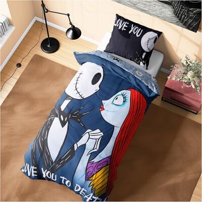 Disney Stitch Parure de lit avec housse de couette et taie d'oreiller pour enfants et adolescents – Simple ou double (Jack et Sally, noir, simple) Disney Stitch Parure de lit avec housse de couette et taie d'oreiller pour enfants et adolescents – Simple ou double (Jack et Sally, noir, simple)