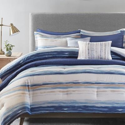 Madison Park Parure de lit alternative en duvet toutes saisons, taies assorties, oreillers décoratifs, polyester, bleu seersucker, California King Madison Park Parure de lit alternative en duvet toutes saisons, taies assorties, oreillers décoratifs, polyester, bleu seersucker, California King