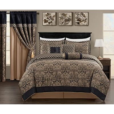 Chezmoi Collection Parure de lit 7 pièces tissée jacquard à médaillon floral et diamant noir/doré, très grand lit californien Chezmoi Collection Parure de lit 7 pièces tissée jacquard à médaillon floral et diamant noir/doré, très grand lit californien