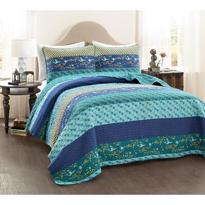 Lush Decor Parure de lit réversible 3 pièces en coton et polyester, motif paon, lit double/grand lit Lush Decor Parure de lit réversible 3 pièces en coton et polyester, motif paon, lit double/grand lit