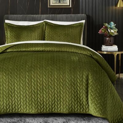 Ivellow Couvre-lit matelassé 3 pièces en velours avec revers en microfibre brossée brodée de feuilles pour très grand lit, vert Ivellow Couvre-lit matelassé 3 pièces en velours avec revers en microfibre brossée brodée de feuilles pour très grand lit, vert