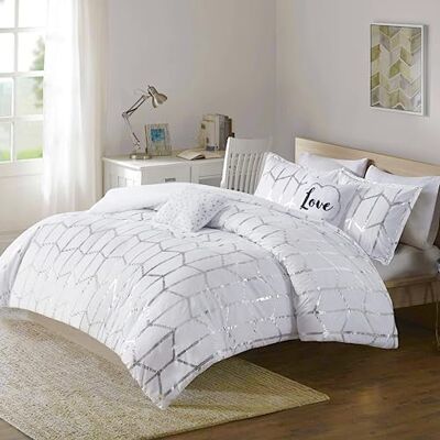 Intelligent Design Parure de lit moderne et décontractée toutes saisons avec taie d'oreiller assortie, polyester, microfibre, blanc/argent, lit double/grand lit Intelligent Design Parure de lit moderne et décontractée toutes saisons avec taie d'oreiller assortie, polyester, microfibre, blanc/argent, lit double/grand lit
