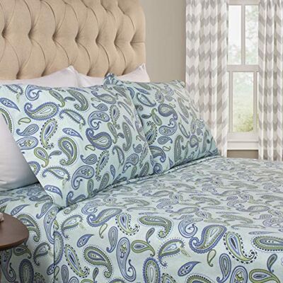 Superior Parure de lit 4 pièces en flanelle de coton brossé, toutes saisons, 100% coton brossé, avec poches profondes – Motif cachemire bleu clair, grand lit Superior Parure de lit 4 pièces en flanelle de coton brossé, toutes saisons, 100% coton brossé, avec poches profondes – Motif cachemire bleu clair, grand lit
