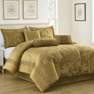 Chezmoi Collection Parure de lit 7 pièces, Jacquard, motif floral, très grand lit surdimensionné, doré Chezmoi Collection Parure de lit 7 pièces, Jacquard, motif floral, très grand lit surdimensionné, doré