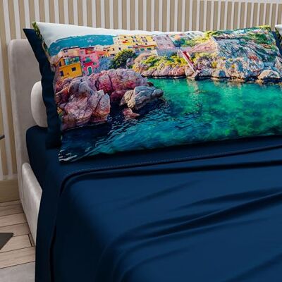 PETTI Artigiani Italiani Parure de lit en coton avec taies d'oreiller en impression numérique, drap simple, parure de lit fantaisie Sicile bleu nuit, 100% fabriqué en Italie PETTI Artigiani Italiani Parure de lit en coton avec taies d'oreiller en impression numérique, drap simple, parure de lit fantaisie Sicile bleu nuit, 100% fabriqué en Italie